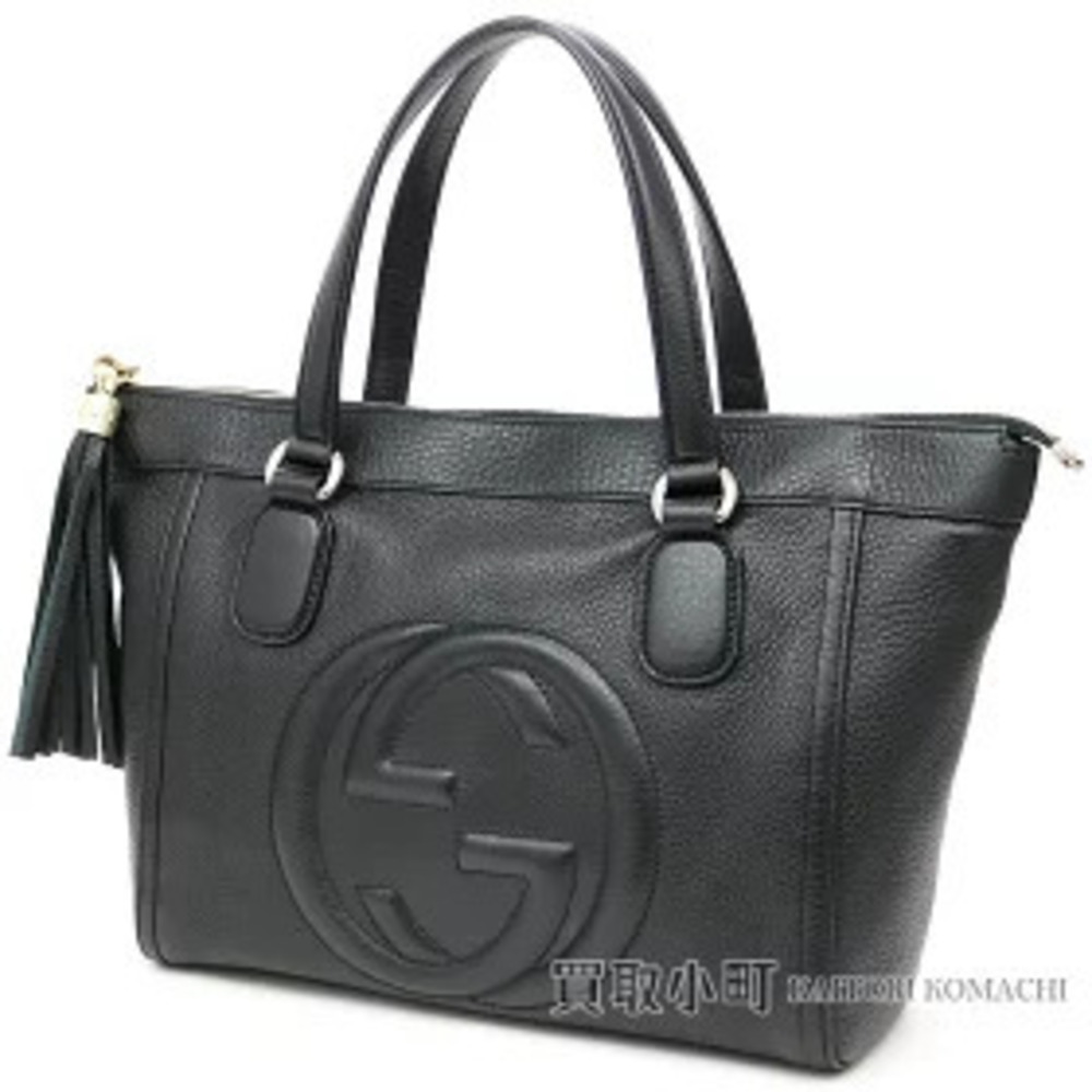 Gucci Soho Leather Tote Bag Tassel Charm Interlocking GG Stitch Black